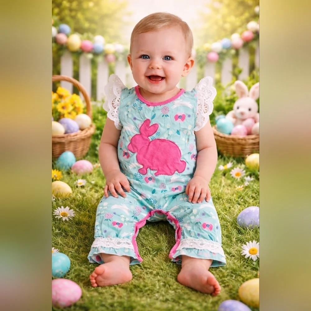 Boutique Easter Bunny Floral Baby Romper Jumpsuit